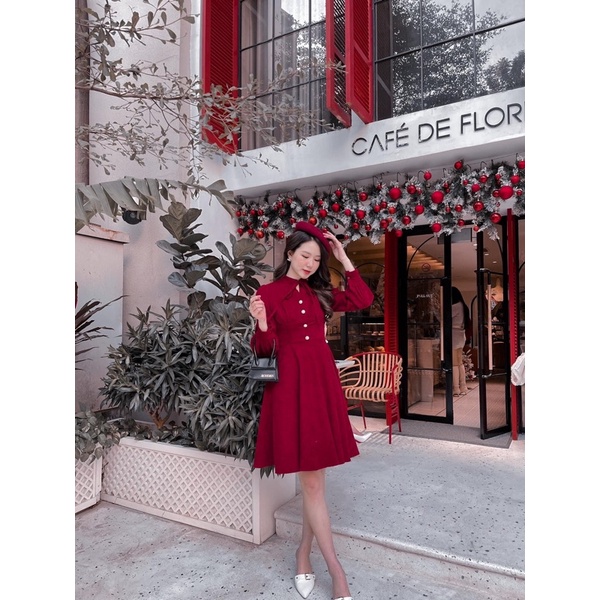 VÁY NHUNG/ĐẦM NHUNG TĂM ĐỎ DÁNG XOÈ CỔ TẦU DÚM NGỰC | BigBuy360 - bigbuy360.vn