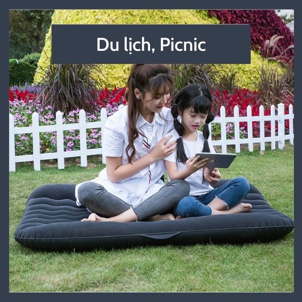 Đệm hơi ô tô hàng dày, nệm hơi ô tô cao cấp chất nhung êm mịn, đệm hơi du lịch tiện lợi tặng Kèm Bơm Điện 12V và 2 Gối