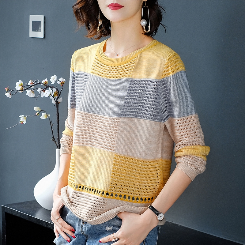 Autumn Women Knit Ice Silk Blouse Loose Bottoming Shirt Stripes Long Sleeves Tops Clothes | BigBuy360 - bigbuy360.vn