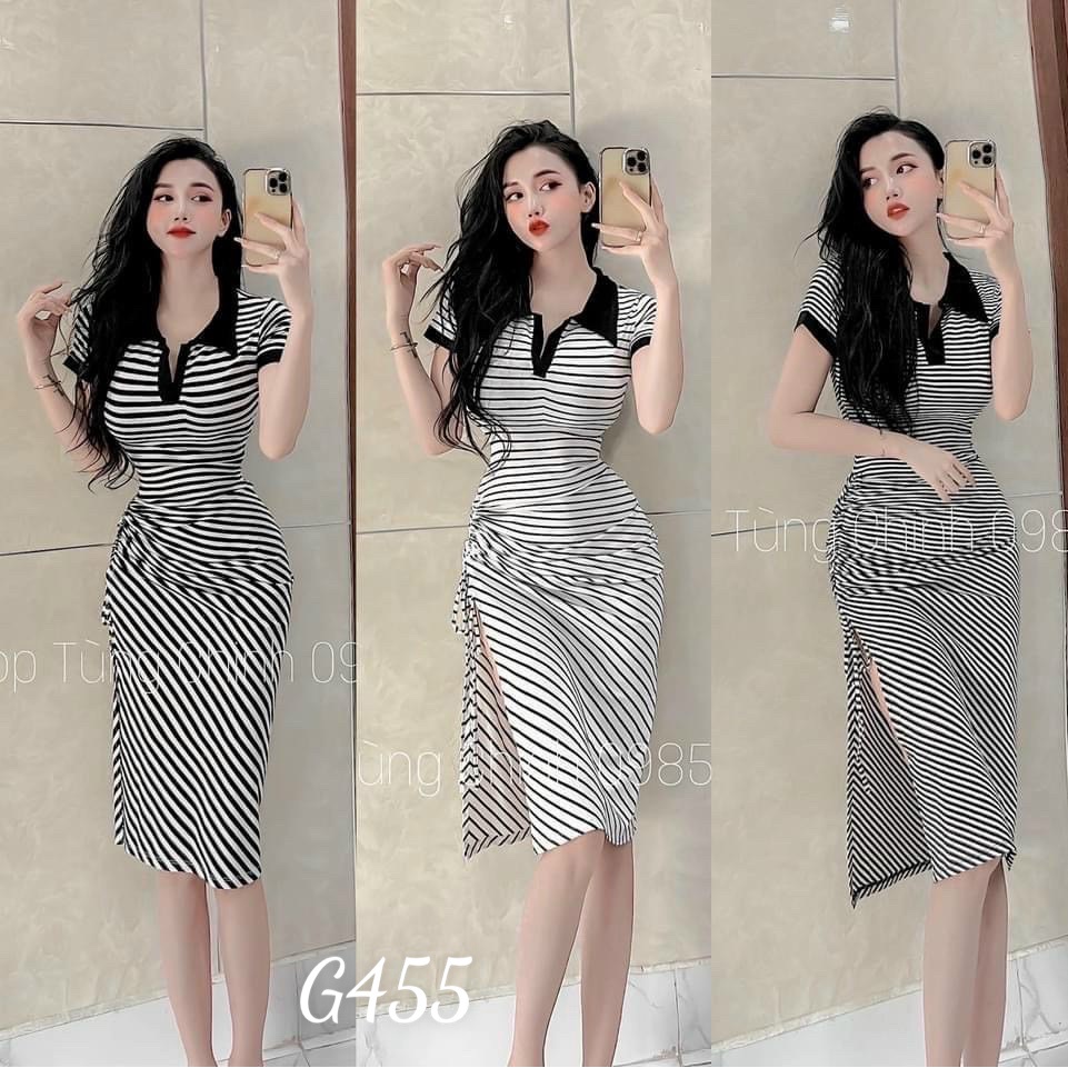Đầm thun cổ trụ kẻ sọc ngang xoắn eo một bên Chất thun gân G455