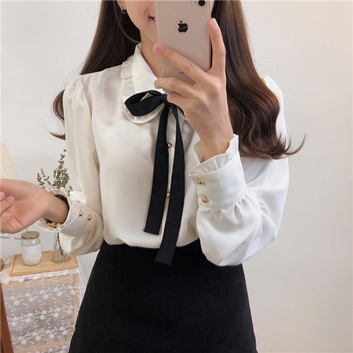 Áo blouse nữ dài tay thắt nơ xinh xắn