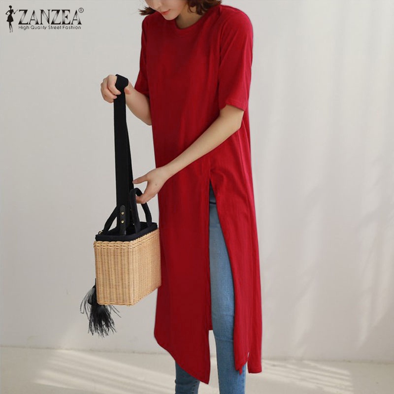 ZANZEA Áo Thun Nữ Tay Ngắn Cổ Tròn Xẻ Tà Thời Trang