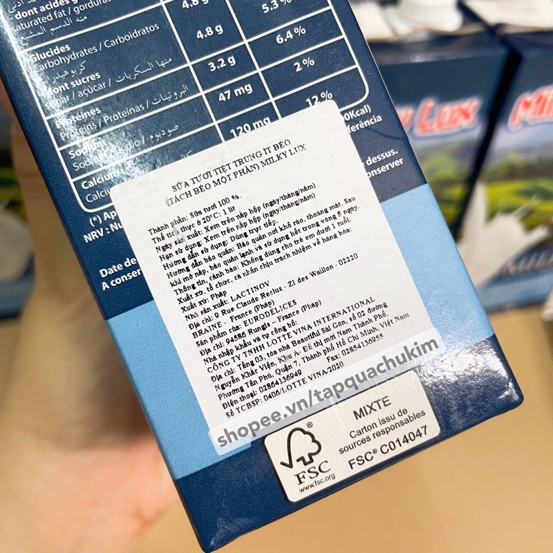 COMBO 3 HỘP Sữa tươi không đường ÍT BÉO 1.5% MILKY LUX 1L tiệt trùng Pháp có tem phụ