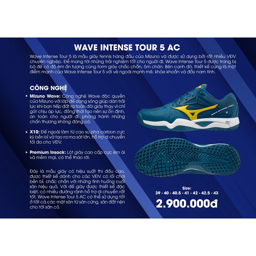 Giày tennis nam Mizuno Wave Intense Tour 5 61GA190030 mẫu mới màu xanh