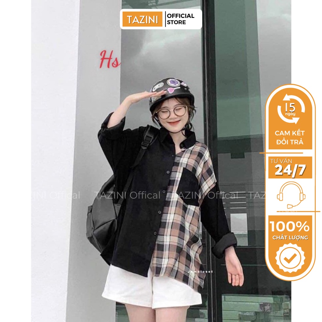 Áo sơ mi phối kẻ caro đen , trắng cách điệu Unisex, Áo sơ mi nam nữ phối nửa đen kẻ caro đen - 1027