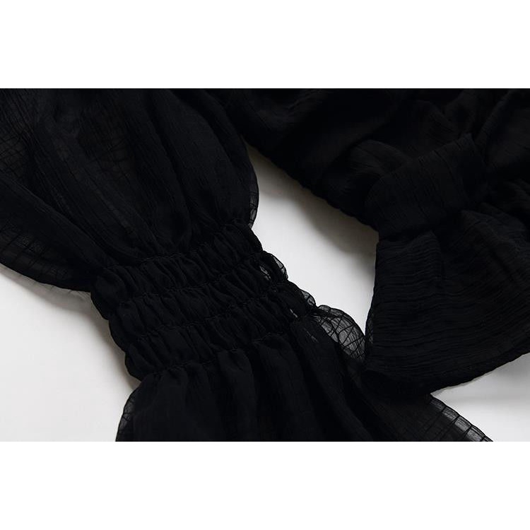 Áo Trễ Vai Tay Phồng Xếp Ly Màu Xanh Dương Thời Trang Mùa Hè Hàn Quốc 2022 Dành Cho Nữ