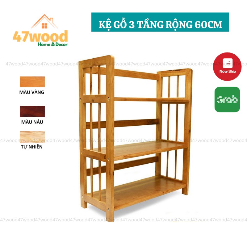 Kệ sách gỗ cao su kích thước 3 tầng rộng 60cm - kệ gỗ đa năng 47wood