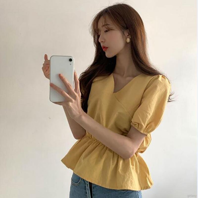 Áo kiểu tay ngắn cổ chữ V thời trang Hàn Quốc dành cho nữ
