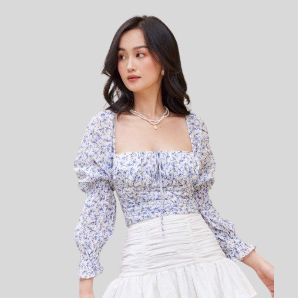 RECHIC Áo Zoen họa tiết hoa xanh croptop cổ vuông tay phồng  phối chân váy xinh xắn trẻ trung