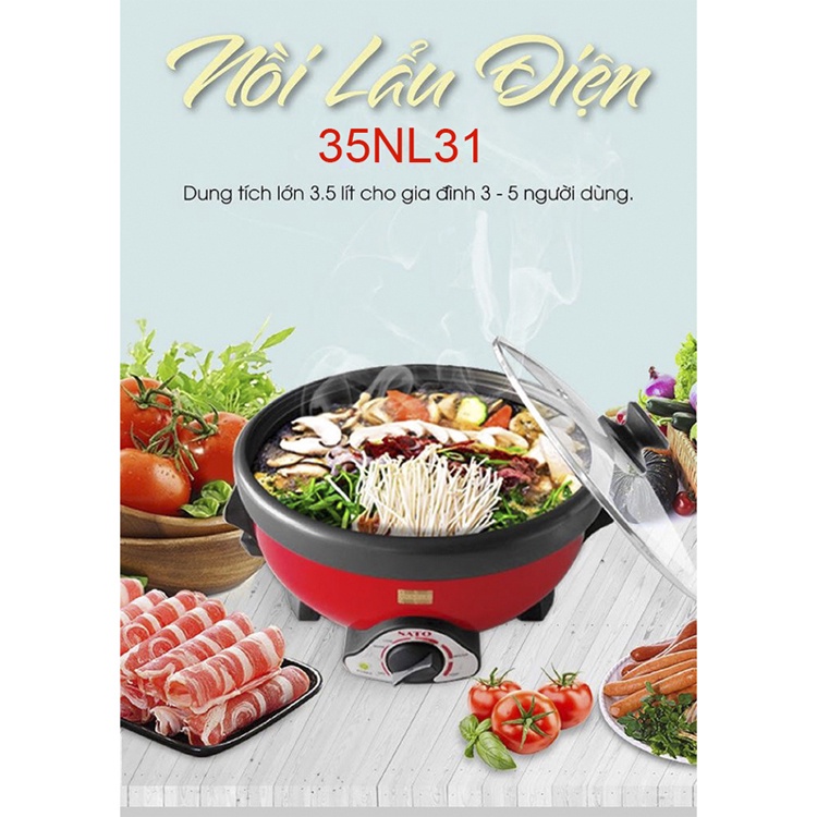 Nồi lẩu điện mini SATO 35NL31 dung tích 3.5L bếp nấu lẩu đa năng lòng nồi nhôm chống dính cao cấp vung nồi thủy tinh