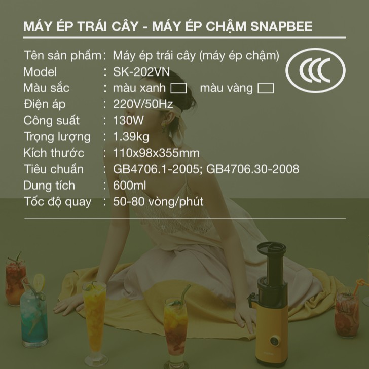 Máy Ép Chậm SnapBee SK-202VN - Ép Trái Cây, Siêu Kiệt Bã - Tặng cẩm nang & túi canvas SnapBee 🔥 Bảo Hành 12 Tháng 🔥