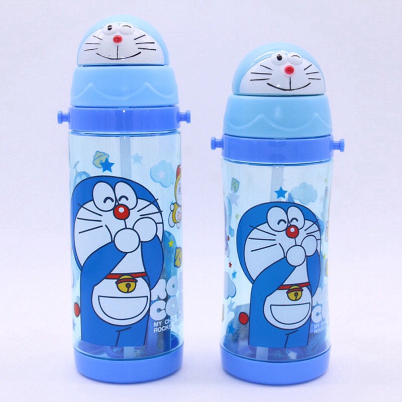 Bình uống nước ống hút nhựa 450ml họa tiết Hello Kitty Doraemon Chuột Mickey Hoàng tử ếch