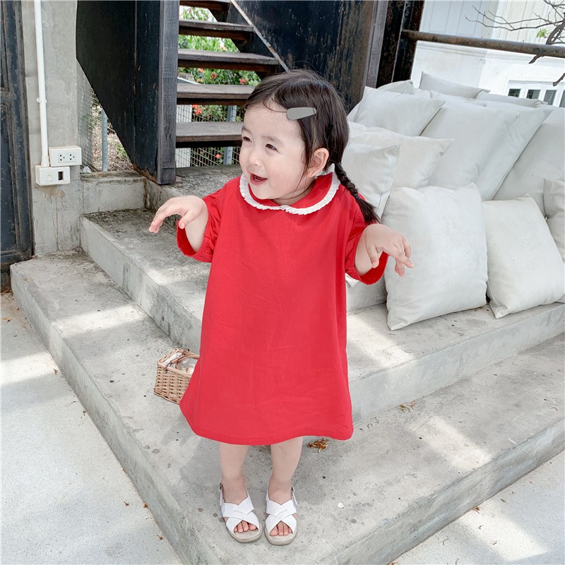 Váy bé gái đầm suông tay lỡ thiết kế cổ sen thời trang trẻ em từ 1 tuổi đến 5 tuổi