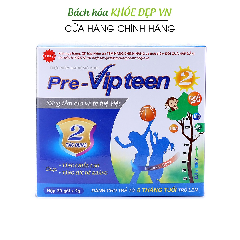 Pre Vipteen 2 bổ sung canxi, hỗ trợ phát triển chiều cao cho trẻ từ 6 tháng tuổi - Hộp 20 gói