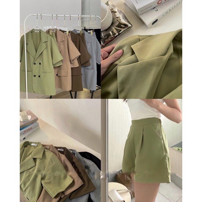 Set Áo Vest Blazer Cộc Tay Basic Kèm Quần Short Đùi Màu Trơn Thanh Lich Chuẩn Form Chất Đẹp 2