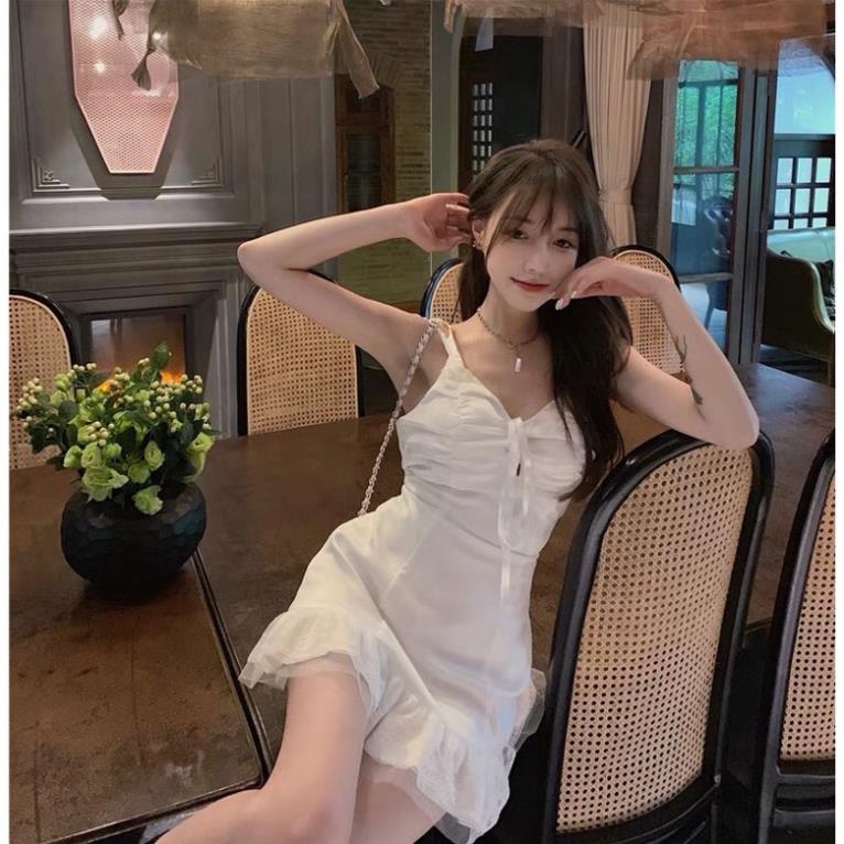 (Mễ Bối_ORDER) Đầm trắng 2 dây ôm body trắng thắt nơ ngực đuôi cá phối ren/Váy bánh bèo ulzzang mút ngưc KRE
