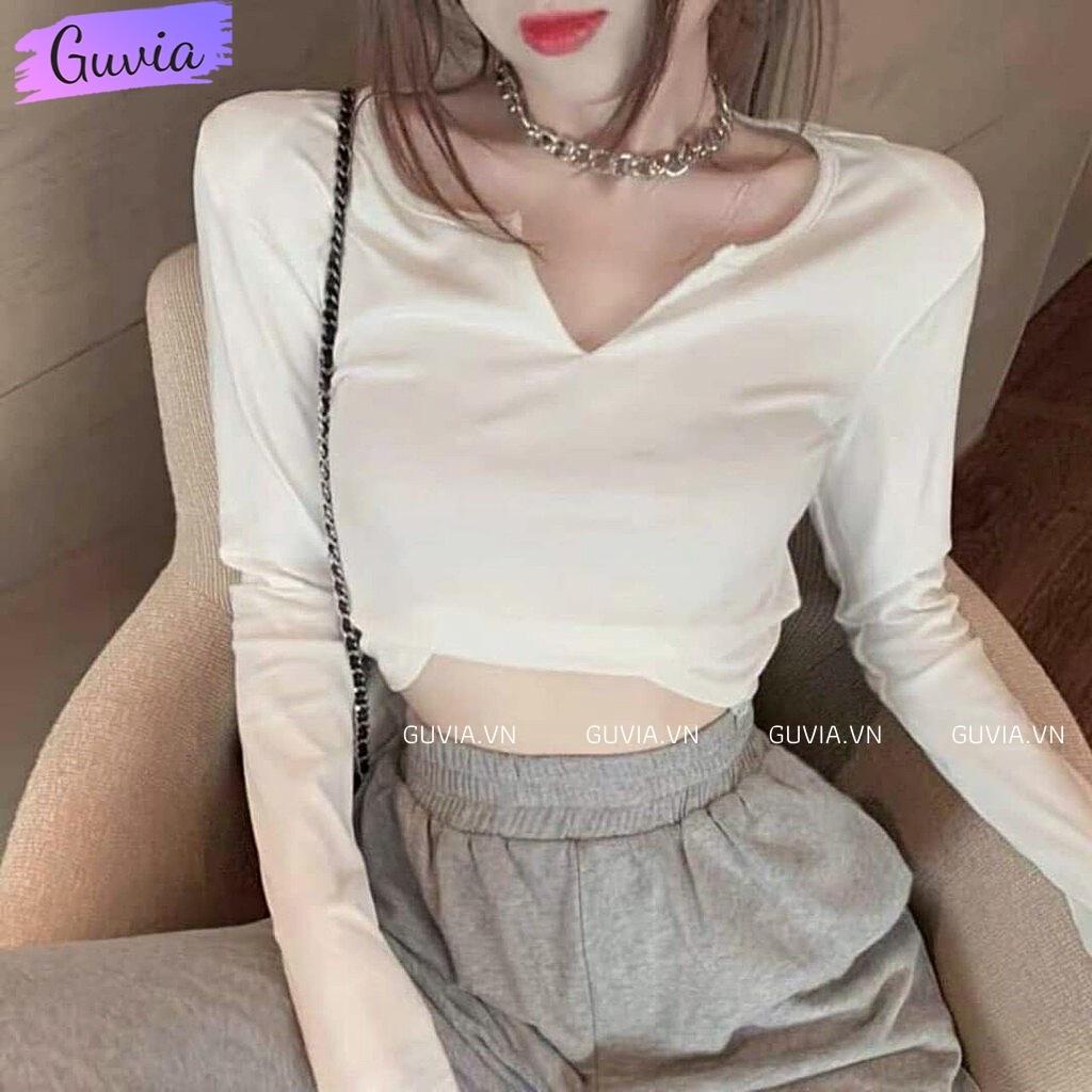 Áo Croptop Tay Dài Nữ Cổ Chữ V Ôm Body Chất Tốt, Áo thun kiểu nữ dài tay crt mặc đẹp GUVIA