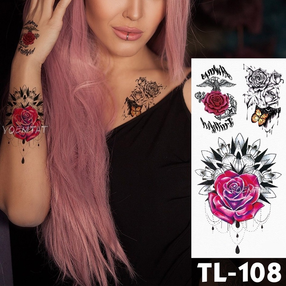 Hình Xăm Tạm Thời Henna Họa Tiết Hoa Hồng Chống Thấm Nước