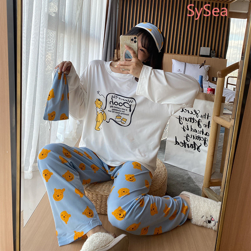 Bộ đồ ngủ tay dài dáng rộng in họa tiết hoạt hình phong cách Hàn Quốc đáng yêu cho nữ