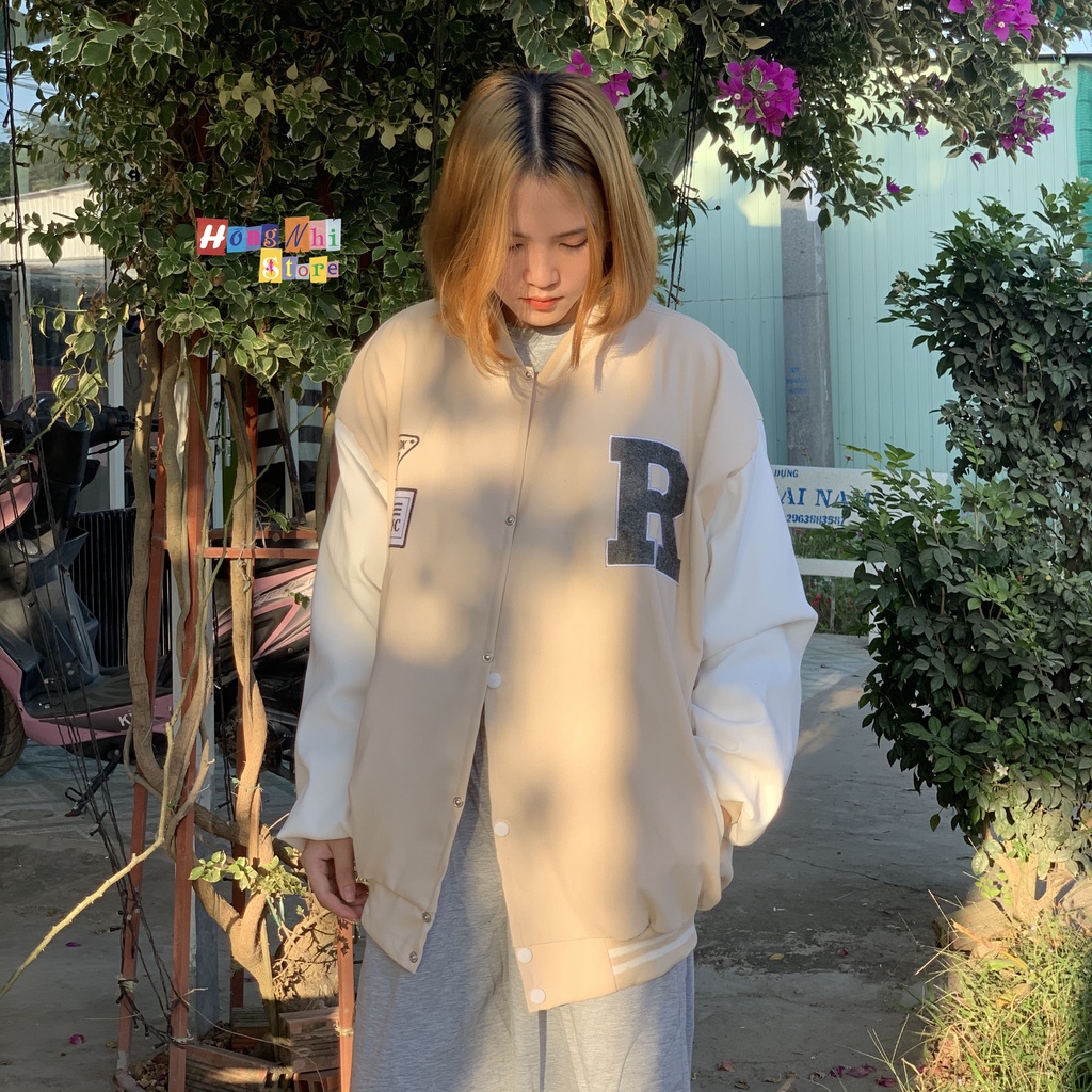Áo Khoác Bomber Thêu Chữ R Chất Kaki Nhung Cao Cấp Ulzzang Unisex Dáng Rộng Nam Nữ