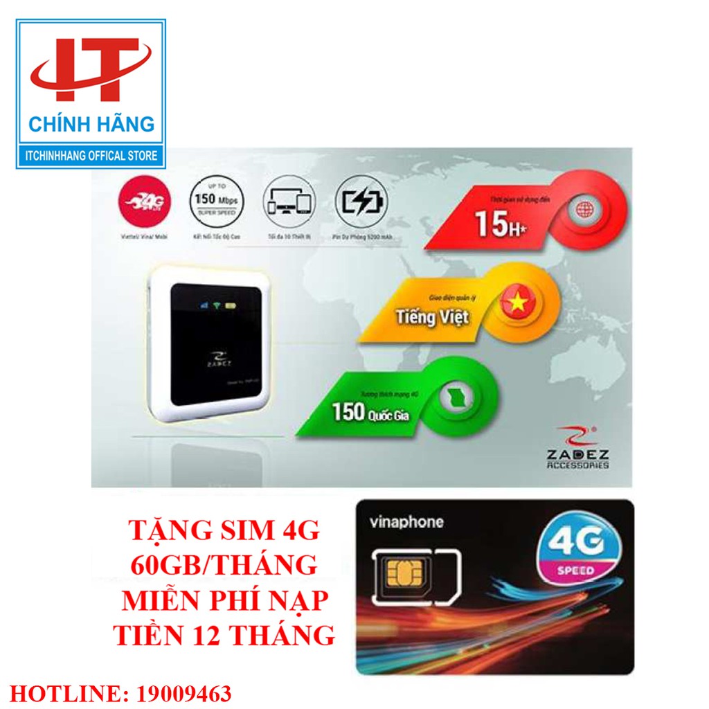 Thiết bị phát wifi bằng sim 4G Zadez 4G WIFI Router PowerBank RWP-535