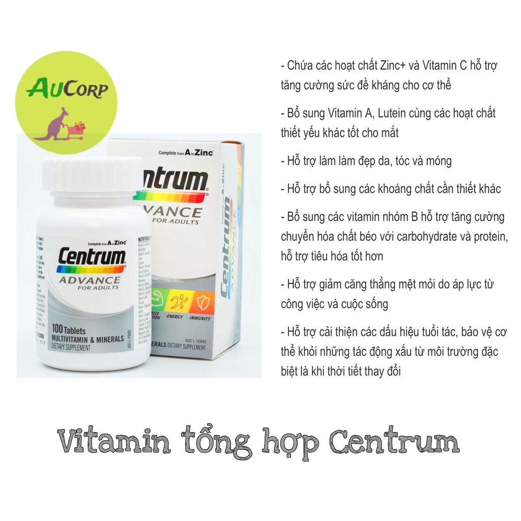 Vitamin tổng hợp cho Người Lớn - Centrum Advance For Adults  - ÚC - 100 viên - Dành cho người dưới 50 tuổi | Thế Giới Skin Care