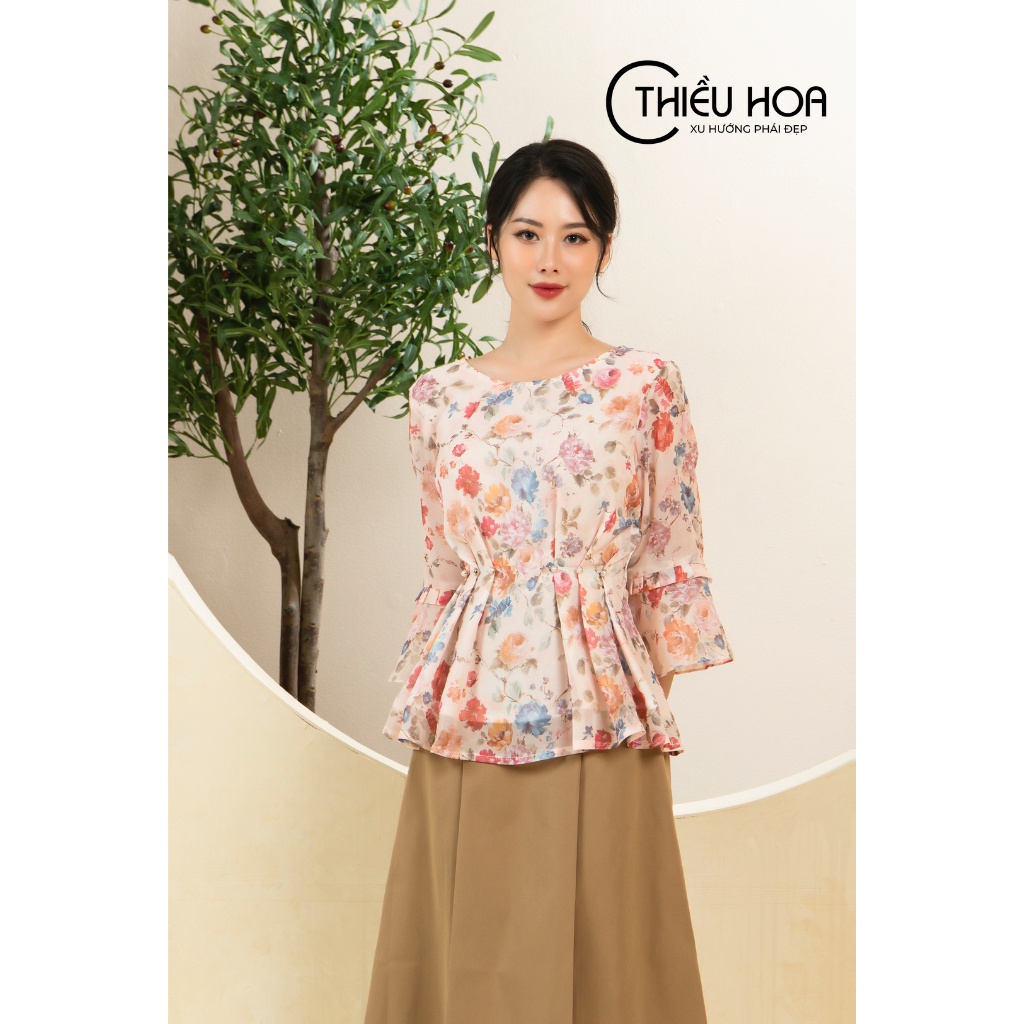 Áo thiết kế họa tiết hoa cho nữ trung niên, điểm nhấn trên eo tinh tế siêu tôn dáng, lịch sự, sang trọng Thiều Hoa L0805