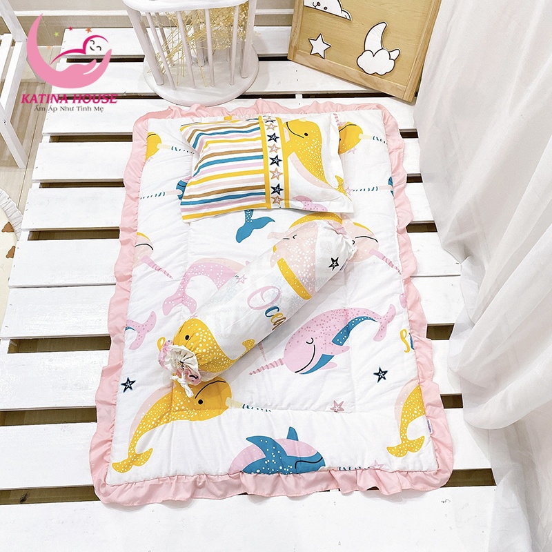 Bộ gối nệm cho bé 1-4 tuổi, chất vải Cotton thoáng mát, thấm hút tốt, nệm bèo đáng yếu với nhiều họa tiết dễ thương