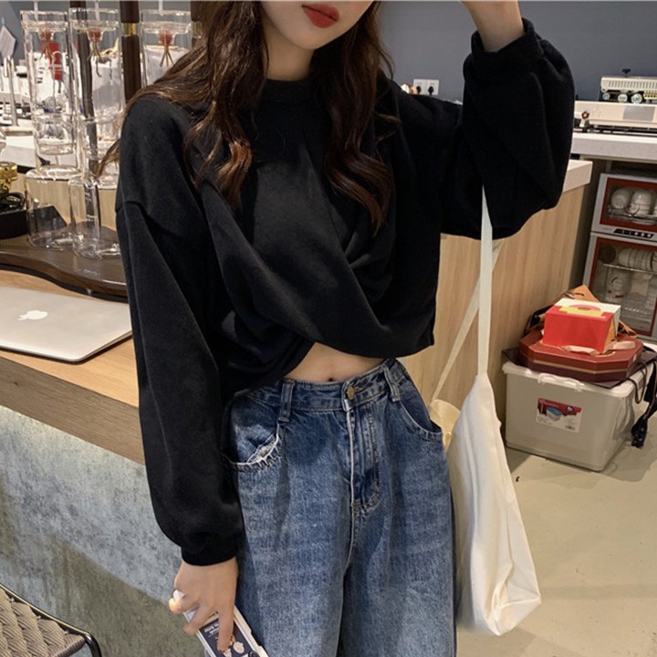 Áo croptop tay dài, áo croptop kiểu nữ tay phồng xoắn bụng vải cotton thoáng mát cá tính | BigBuy360 - bigbuy360.vn