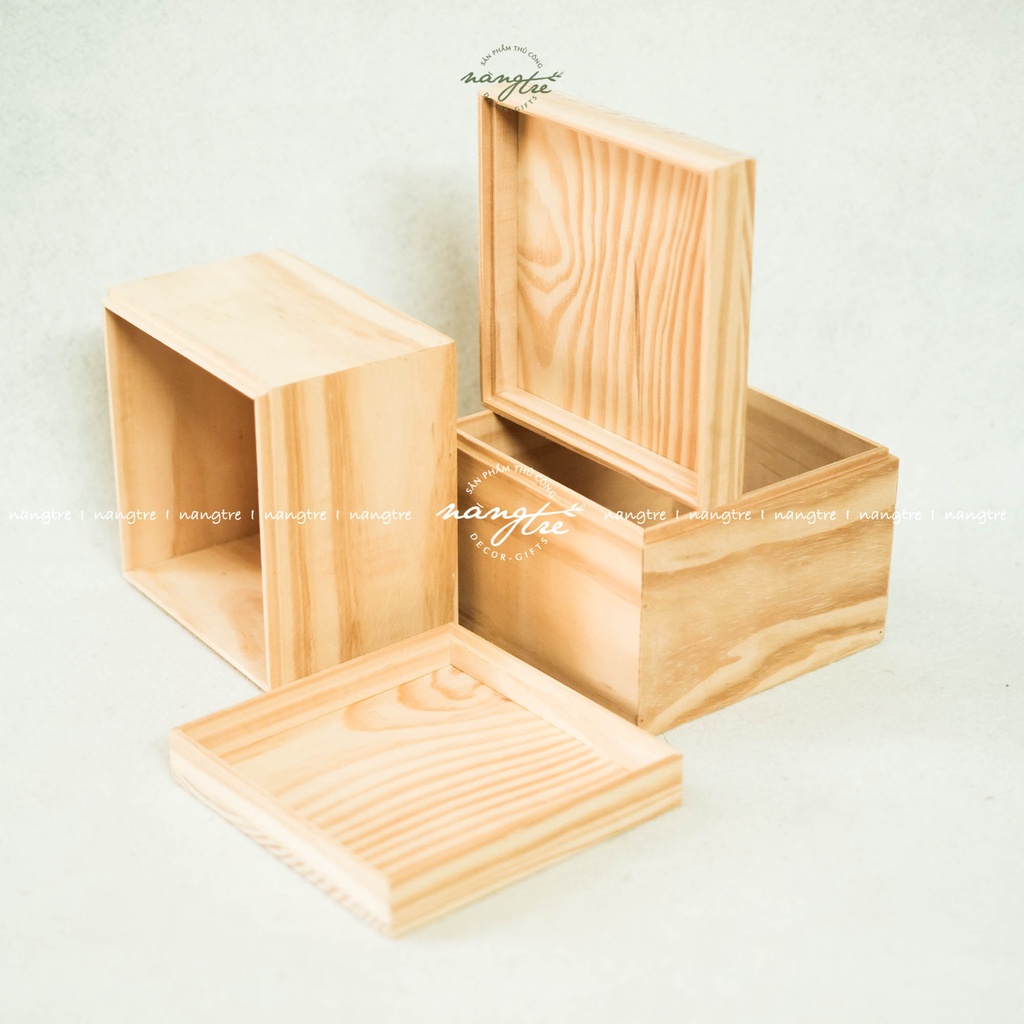 Hộp gỗ vuông nắp đậy, square wooden box