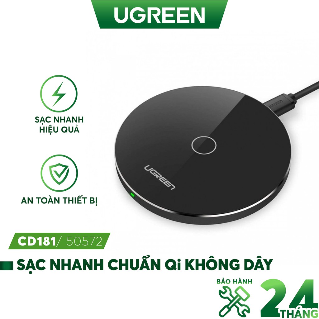 Sạc nhanh không dây, thông minh UGREEN CD181 50572 cho iPhone 8/8+/X/XS/XS max/XR (7.5W/10W), hỗ trợ cả khi có vỏ ốp