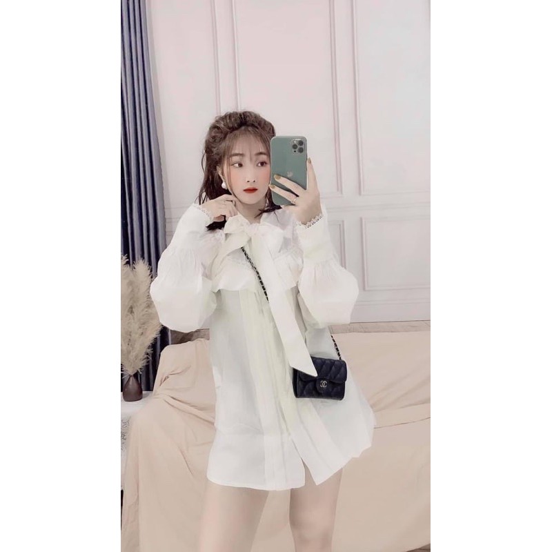 ÁO SƠ MI XẾP LY BÈO THẮT NƠ PHA VIỀN REN