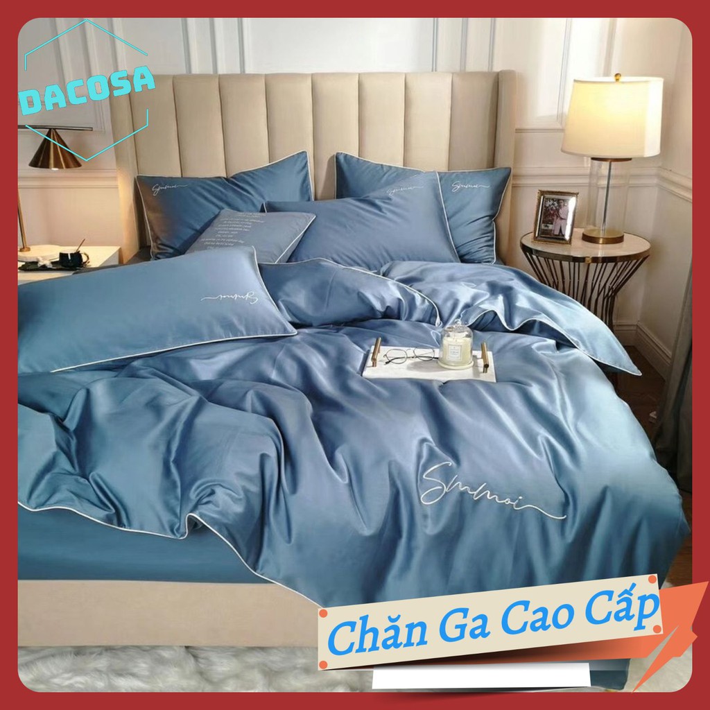 [Giá Sỉ] Bộ Chăn Ga Gối LỤA SUMOI 60S Màu Xanh Biển Cao Cấp Khách Sạn