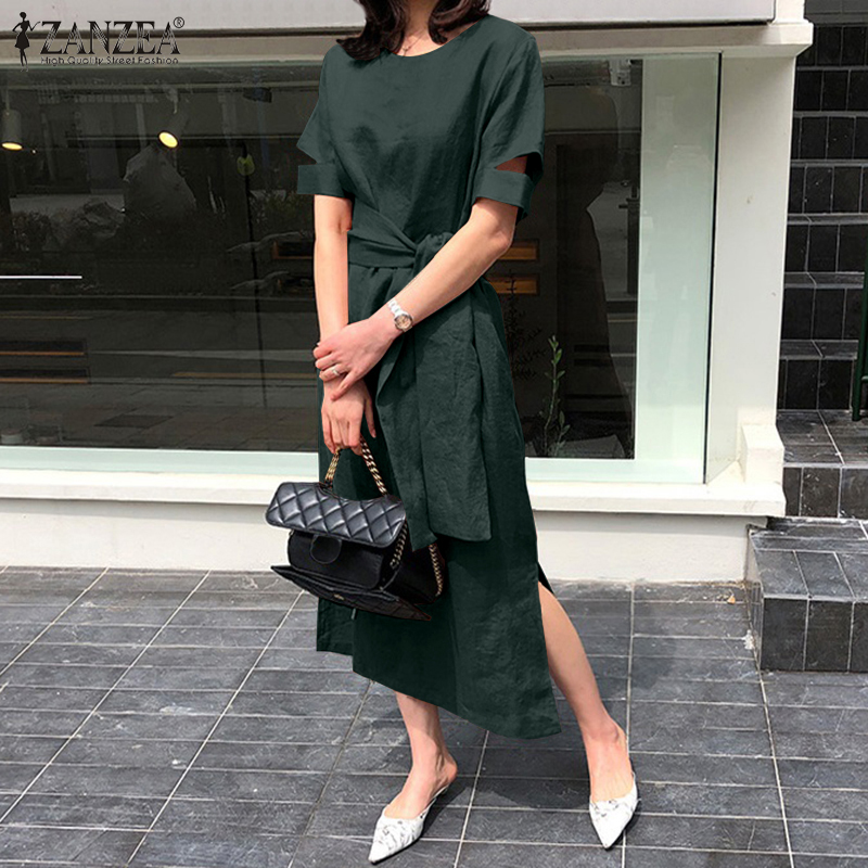 Đầm ZANZEA Cổ Tròn Tay Ngắn Cotton Trơn Cột Dây Xẻ Tà