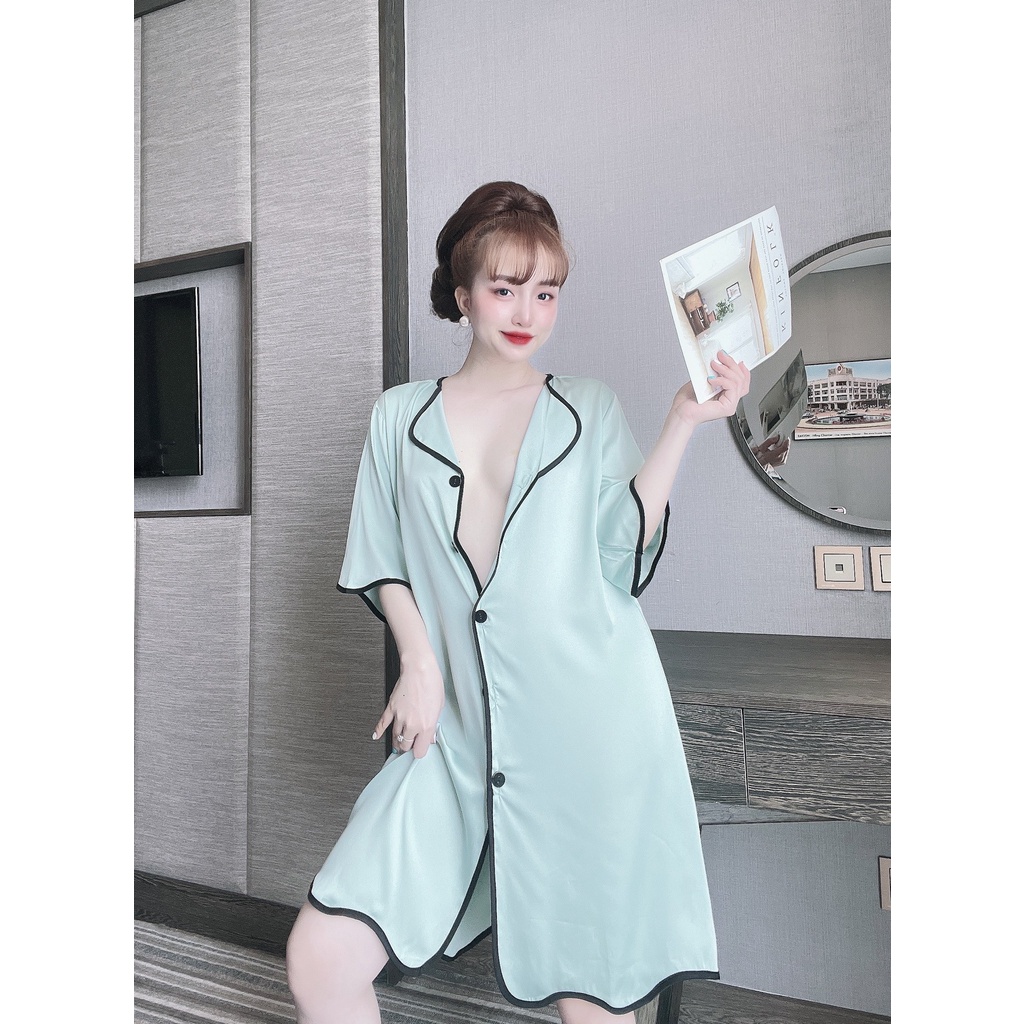 Váy Ngủ Sơ Mi Lụa Bigsize Sang Trọng   Đầm Mặc Nhà Form Suông Rộng Thoải Mái Chất Satin Cao Cấp Thoáng Mát.