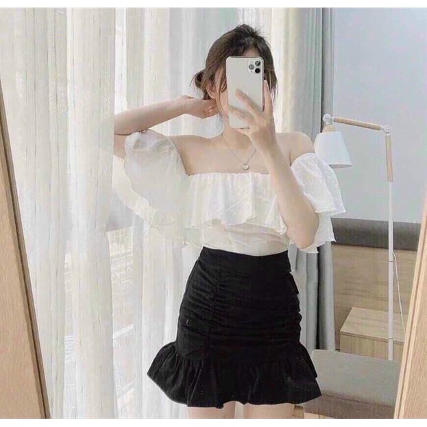 Set chân váy áo croptop dự tiệc cưới, set váy áo kiểu nữ trễ vai phối nhún bánh bèo kèm chân váy body đuôi cá cực đẹp