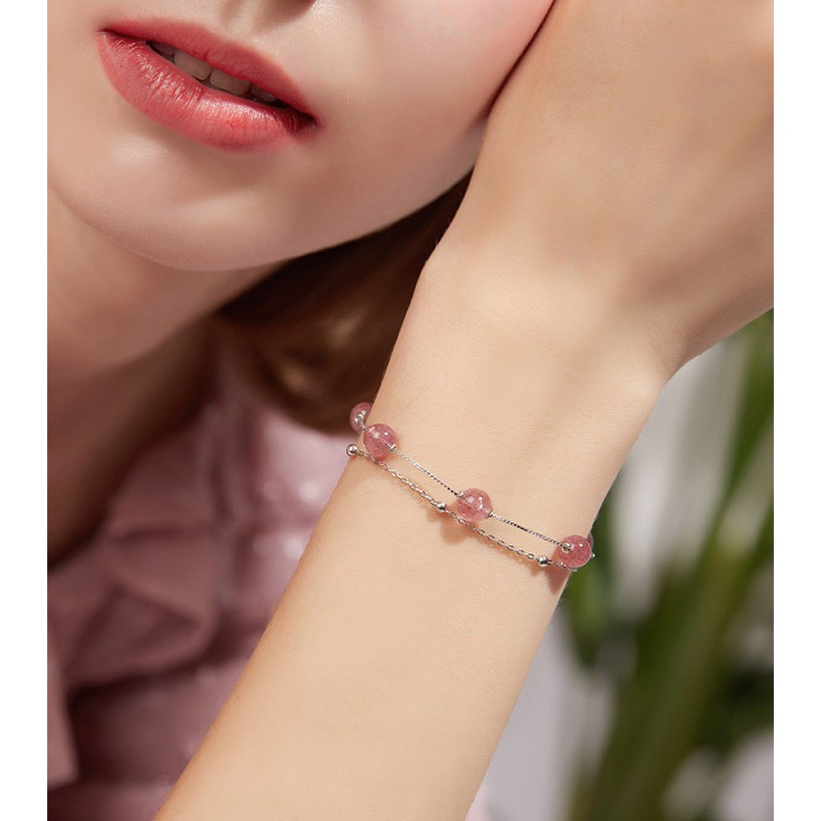 Vòng Tay Hai Lớp Đính Hạt Pha Lê Hồng Đào/Hoa Anh Đào/Quả Đào Chống Nước/Mồ Hôi Phong Cách Hàn Quốc Tối Giản Cho Nữ