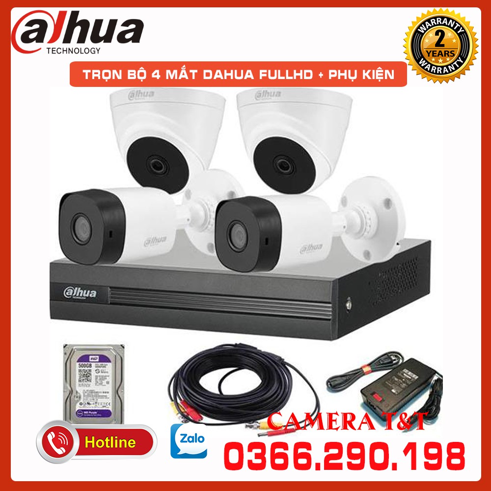TRỌN BỘ 4 CAMERA DAHUA FULL HD 1080P + TẶNG KÈM Ổ CỨNG 500G VÀ DÂY CÁP ĐỒNG TRỤC LIỀN NGUÔN - ĐẦY ĐỦ PHỤ KIỆN ĐI KÈM