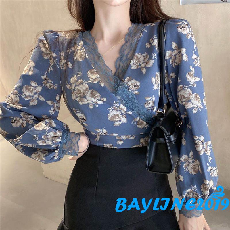 Áo Kiểu Nữ Dài Tay Cổ Chữ V In Hoa Xinh Xắn Hợp Thời Trang