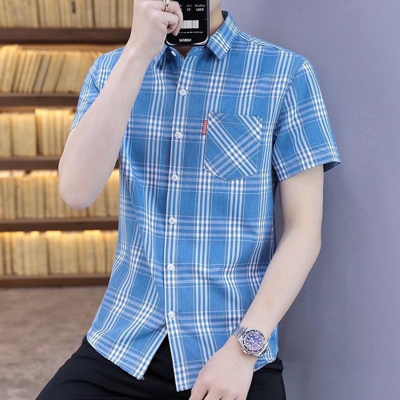 Áo sơ mi nam ngắn tay sọc caro họa tiết chất liệu vải lụa mềm chống nhăn cao cấp nhiều màu sắc