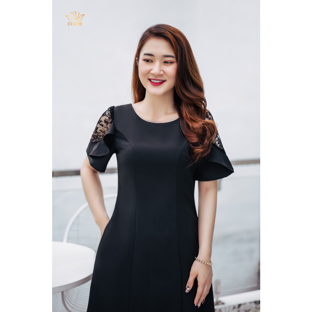 Đầm công sở form suông cao cấp thiết kế cổ tròn phối ren ống tay màu đen - TTV865 TTV Store