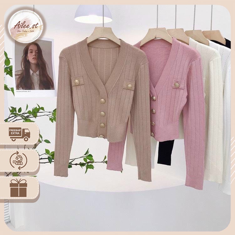 Áo Len Cardigan Dài Tay Áo Kiểu Chất Len Gân Cổ Tim Phối Khuy Cúc Nắp Túi Thu Đông Vải Dày Dặn Ailee