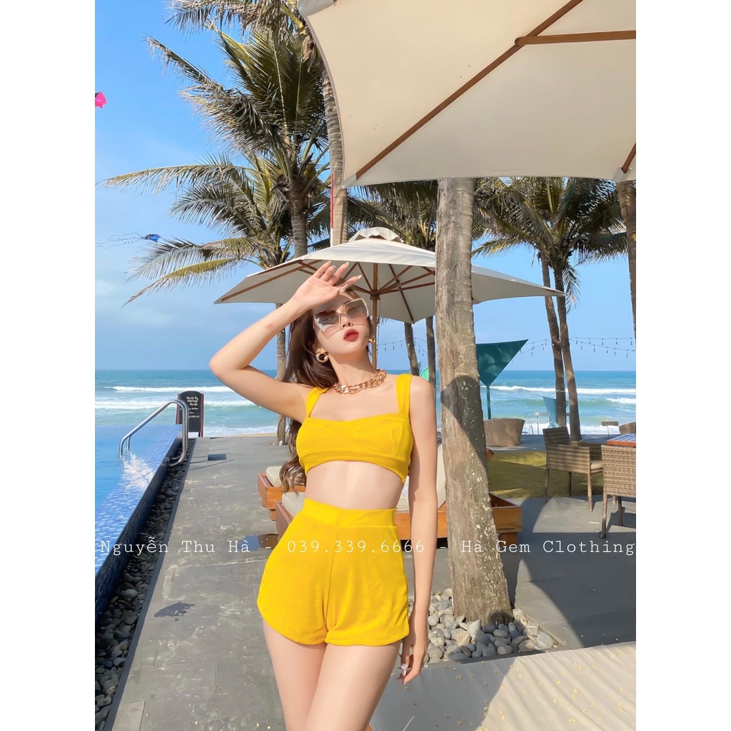 Set bra cúp ngực đi biển màu vàng kèm quần đùi trẻ trung quyến rũ