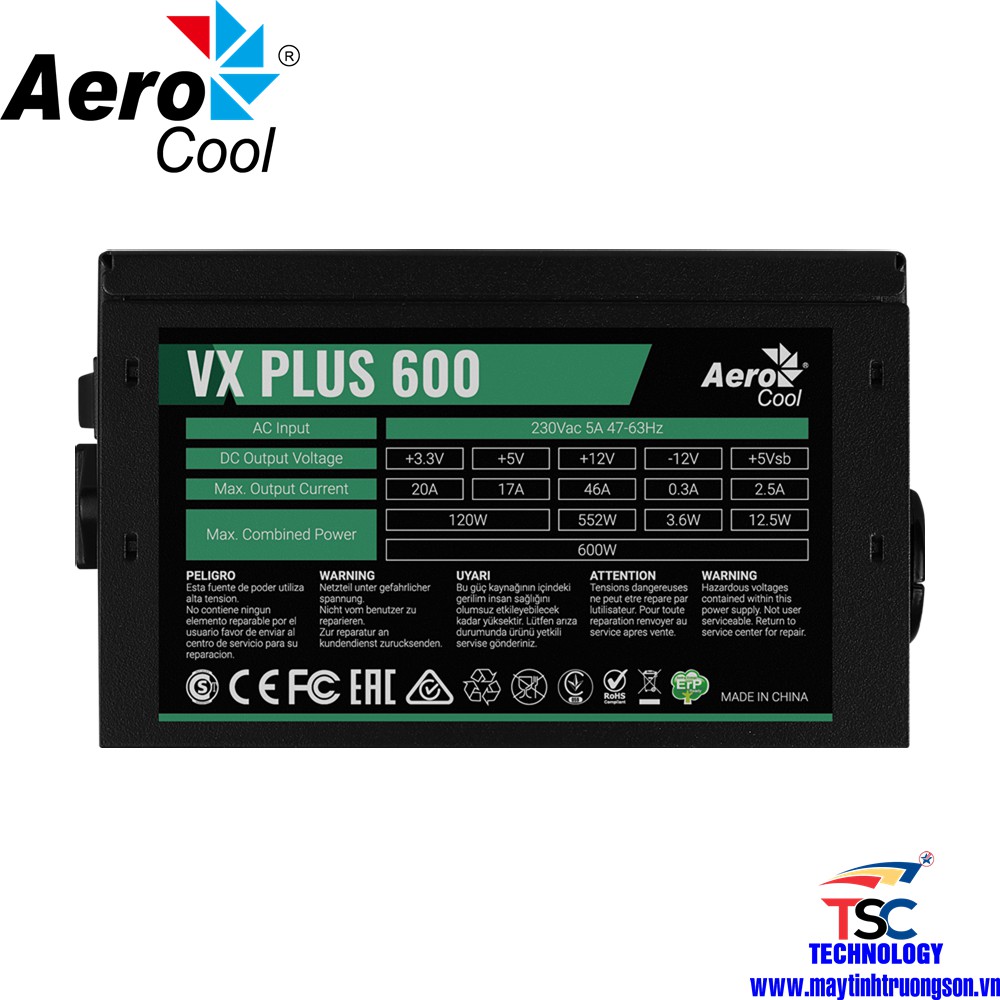 Nguồn Máy Tính Aerocool VX PLUS 600 600W 230V NPFC | Chính Hãng Bảo Hành 36 Tháng