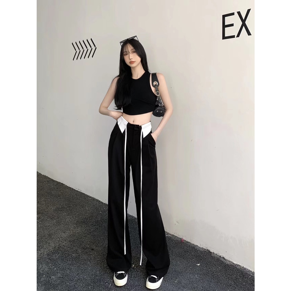 Quần Dài Lưng Cao Ống Rộng Màu Đen Thời Trang Cho Nữ