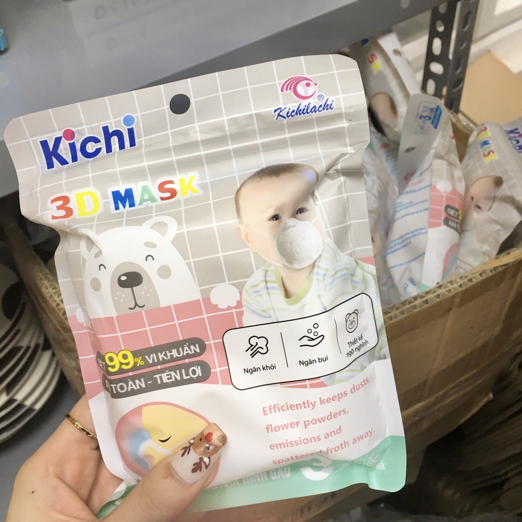 Khẩu Trang Cho Bé Hình Gấu Kichi Có Ảnh Thật ( 1 gói 3 cái)
