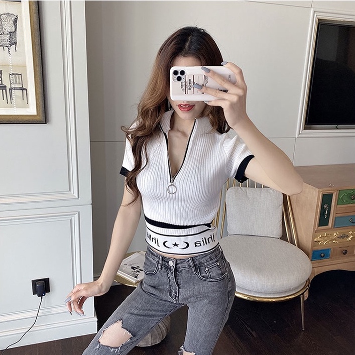 Áo Thun Tay Ngắn Cổ Cao Ôm Dáng Phối Khóa Kéo Thời Trang Mùa Hè Hàn Quốc 2022 Mới Cho Nữ