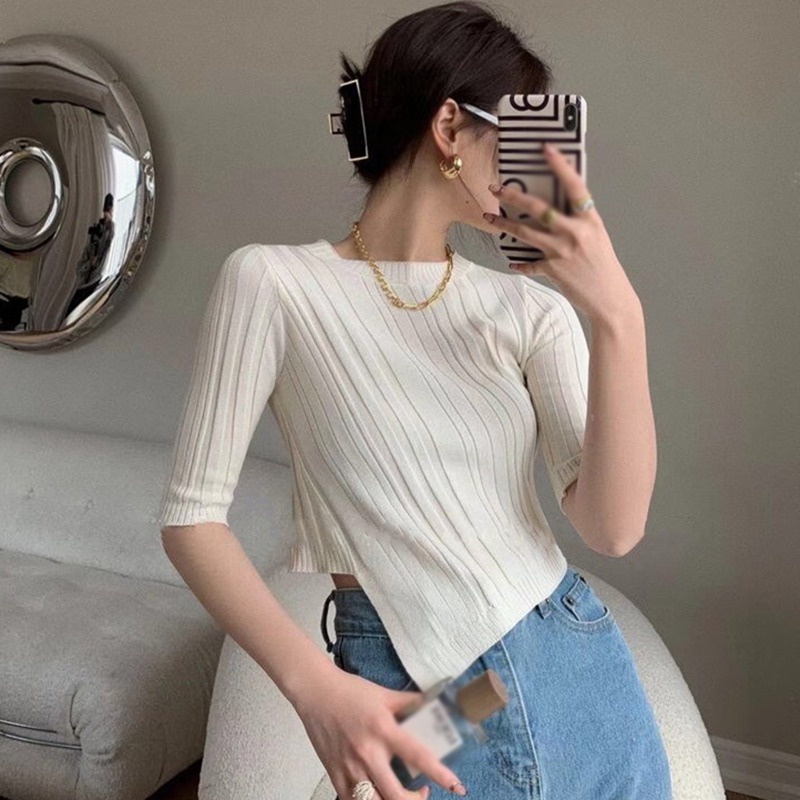Áo Thun Dệt Kim Tay Ngắn Màu Trơn Thiết Kế Độc Đáo Thời Trang Cho Nữ