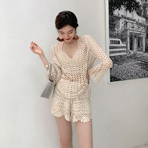 Set Ren Bikini Đi Biển 2 Mảnh Áo Choàng Len Móc Tay Dài Cổ Tròn Kiểu 12 | Smide Clothing