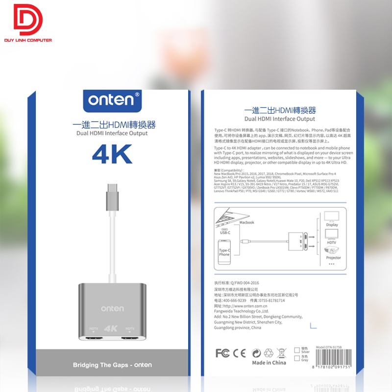 Cáp chuyển USB Type C to 2 HDMI Onten 9175b hỗ trợ 4K